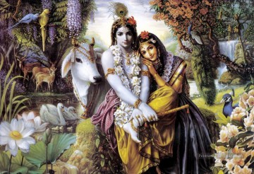 Radha Krishna et animaux hindous Peinture à l'huile